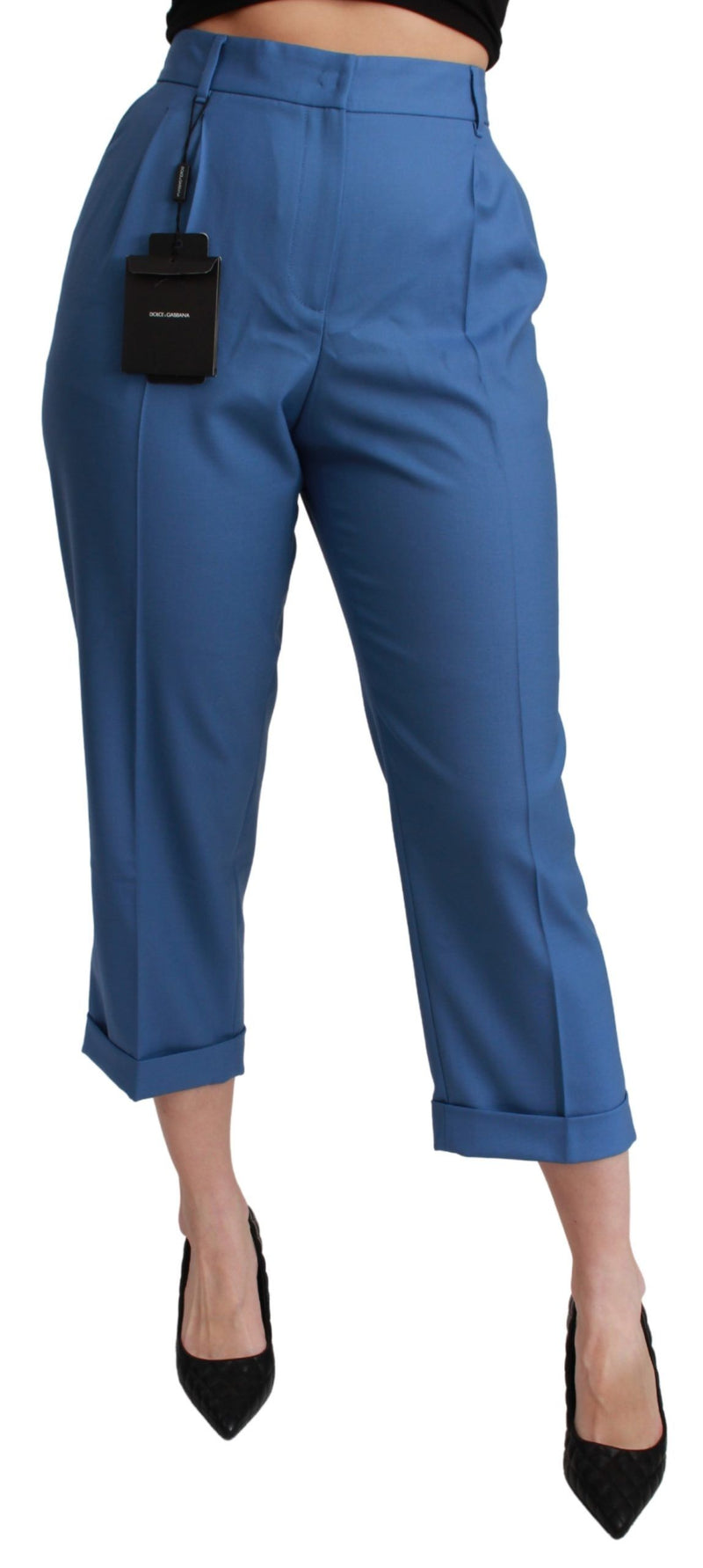 Blue Pleated Wool Cuffed Cropped Trouser Pants-Dolce & Gabbana-LabelTerrace.com