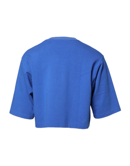 Blue Printed Cotton Cropped Crew Neck T-shirt-Dolce & Gabbana-LabelTerrace.com