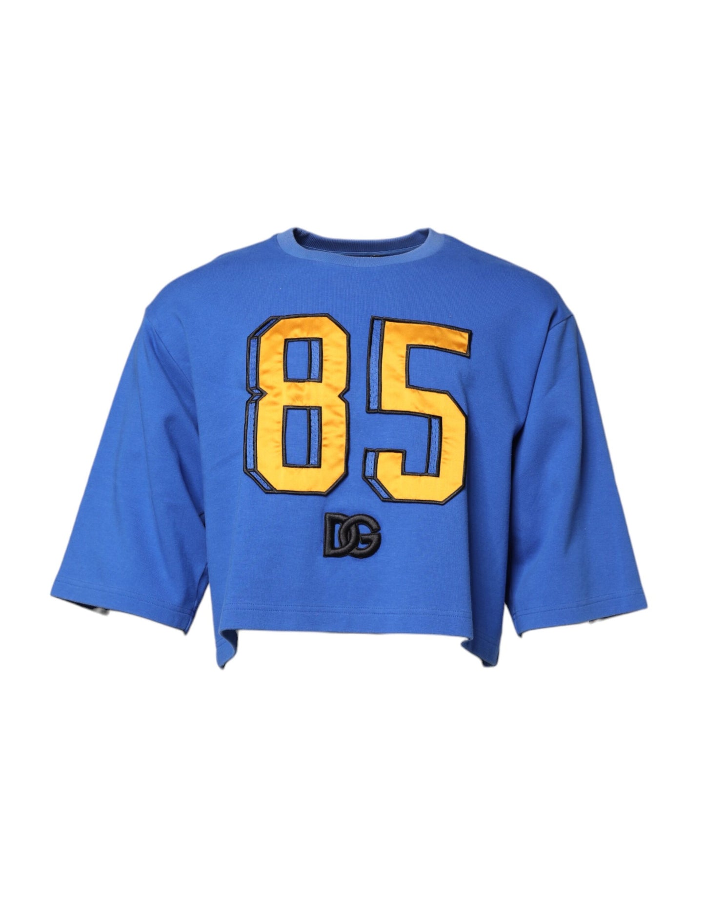 Blue Printed Cotton Cropped Crew Neck T-shirt-Dolce & Gabbana-LabelTerrace.com