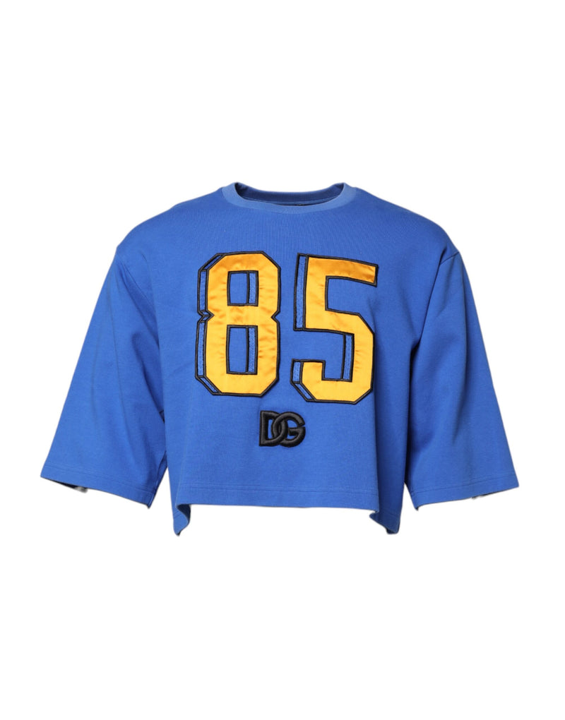 Blue Printed Cotton Cropped Crew Neck T-shirt-Dolce & Gabbana-LabelTerrace.com