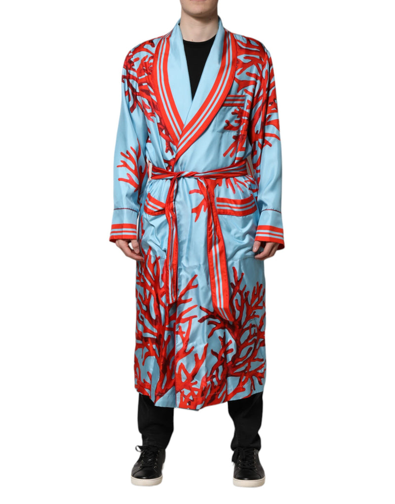 Blue Red Coral Print Wrap Robe Coat Jacket-Dolce & Gabbana-LabelTerrace.com