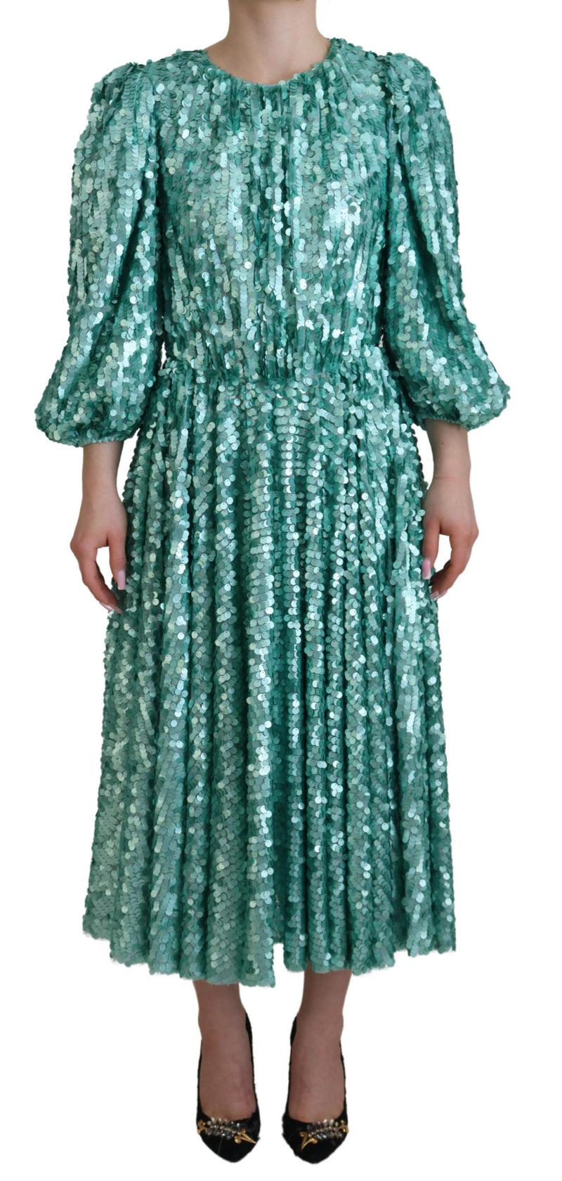 Blue Sequined Pleated Aline Midi Nylon Dress-Dolce & Gabbana-LabelTerrace.com
