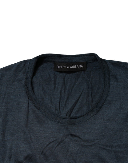 Blue Silk Crew Neck Short Sleeves Men T-Shirt-Dolce & Gabbana-LabelTerrace.com
