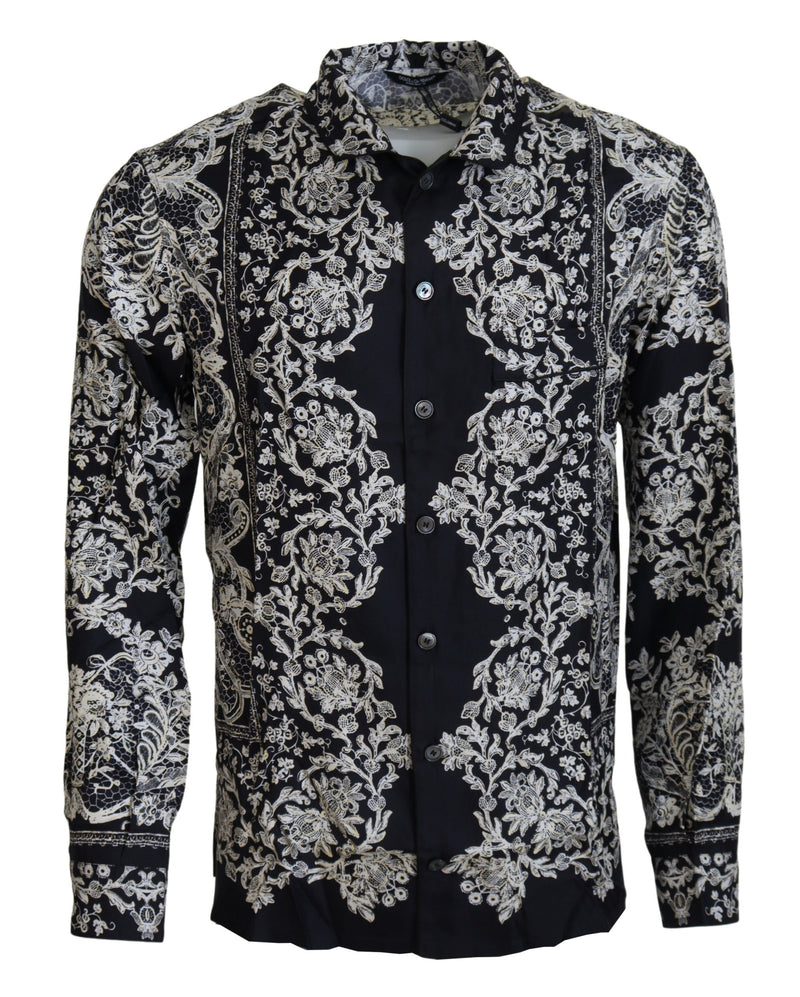 Blue Silk Floral Baroque Satin Casual Shirt-Dolce & Gabbana-LabelTerrace.com