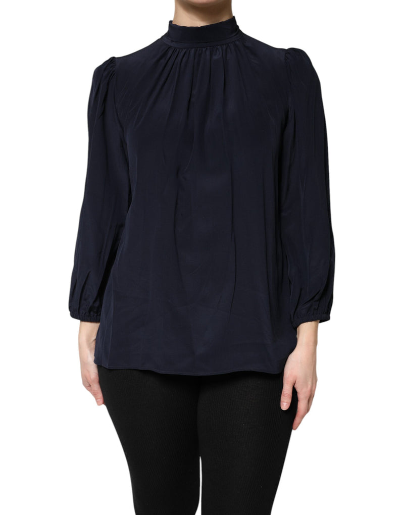 Blue Silk Mock Neck Long Sleeves Blouse Top-Dolce & Gabbana-LabelTerrace.com