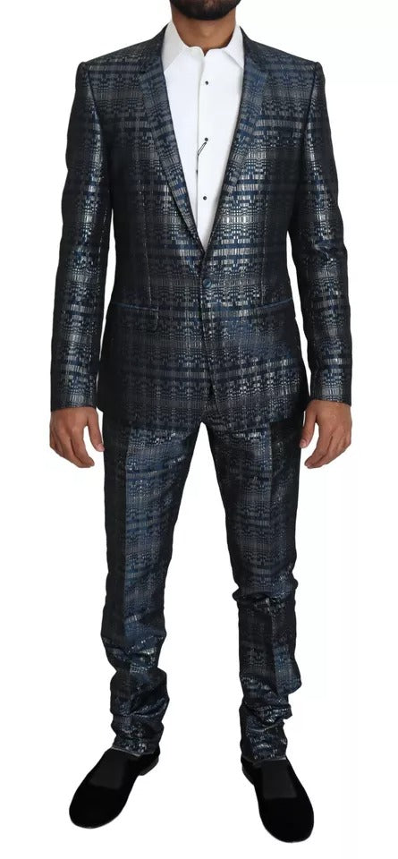 Blue Silver Shiny 2 Piece Slim GOLD Suit-Dolce & Gabbana-LabelTerrace.com
