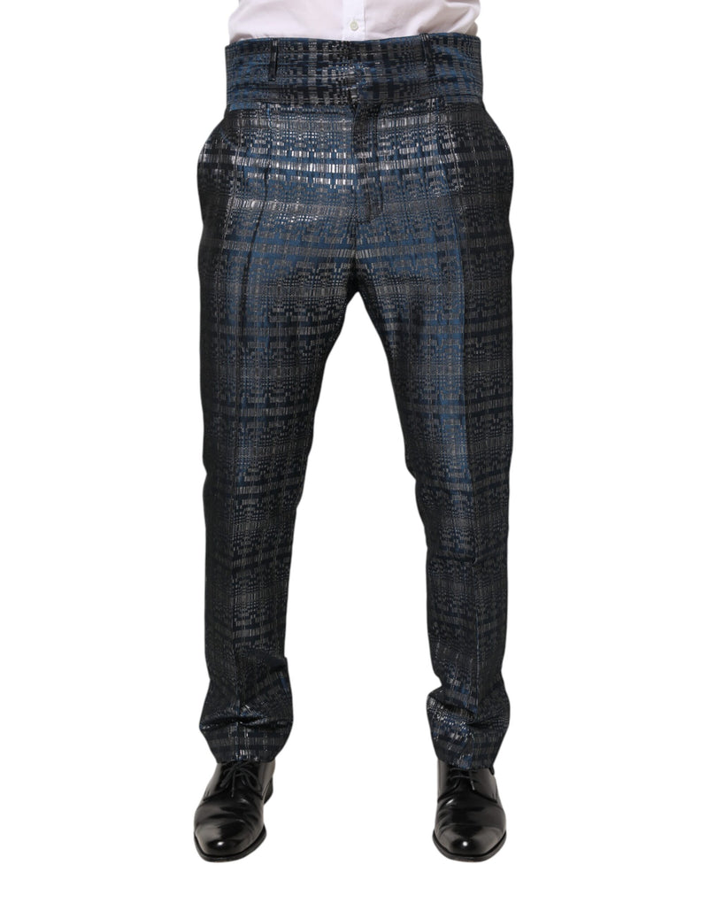 Blue Silver Shiny Silk Skinny Men Trouser Pants-Dolce & Gabbana-LabelTerrace.com
