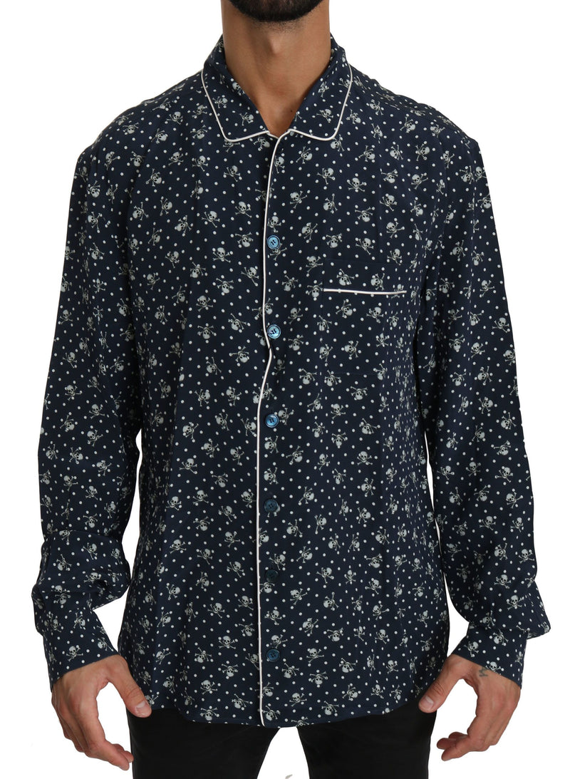Blue Skull Print Silk Top Sleepwear Shirt-Dolce & Gabbana-LabelTerrace.com