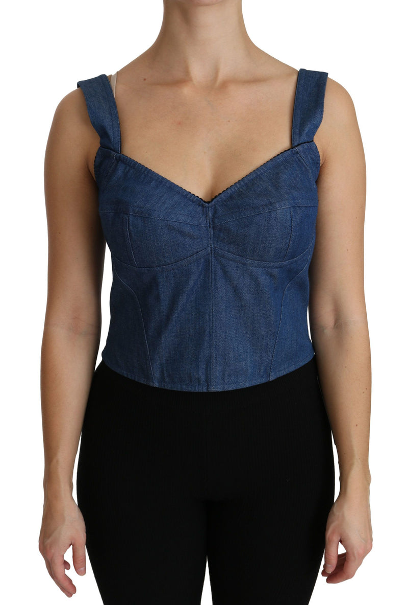 Blue Sleeveless Bustier Blouse Cotton Top-Dolce & Gabbana-LabelTerrace.com