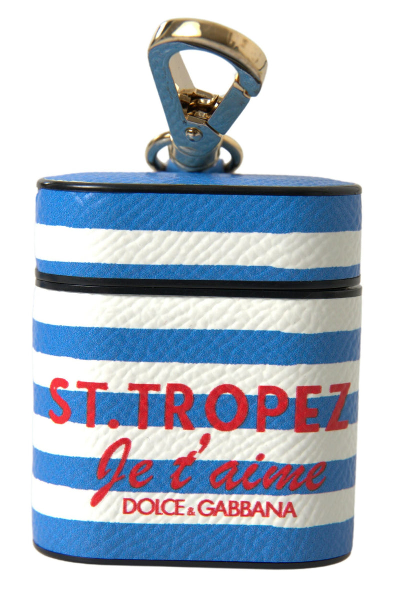 Blue Stripe Dauphine Leather Logo Print Airpod Case-Dolce & Gabbana-LabelTerrace.com