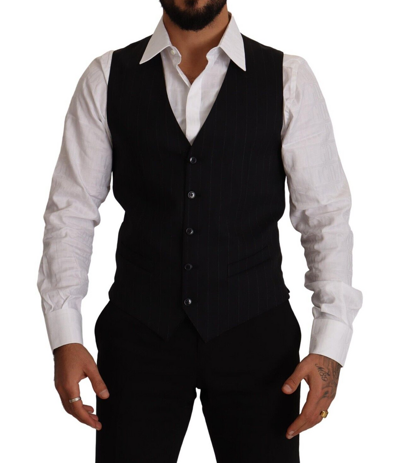 Blue Striped Wool Stretch Waistcoat Vest-Dolce & Gabbana-LabelTerrace.com