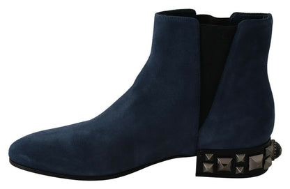 Blue Suede Embellished Studded Boots Shoes-Dolce & Gabbana-LabelTerrace.com