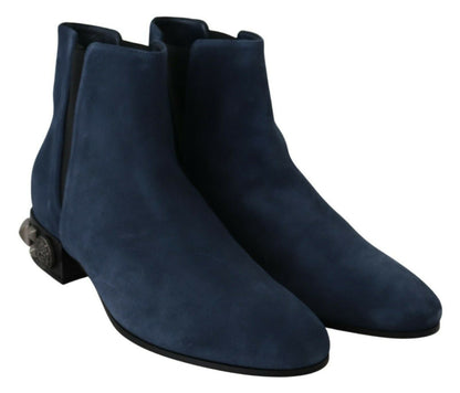 Blue Suede Embellished Studded Boots Shoes-Dolce & Gabbana-LabelTerrace.com