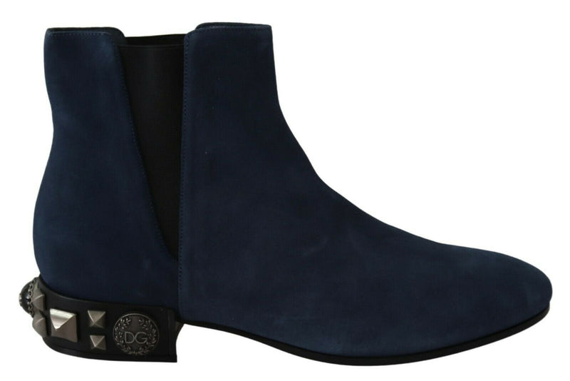 Blue Suede Embellished Studded Boots Shoes-Dolce & Gabbana-LabelTerrace.com