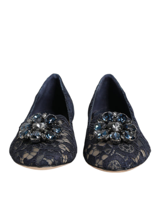 Blue Taormina Lace Crystals Flats Shoes-Dolce & Gabbana-LabelTerrace.com