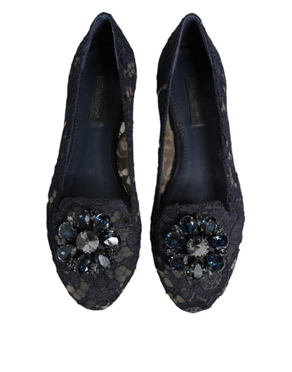 Blue Taormina Lace Crystals Flats Shoes-Dolce & Gabbana-LabelTerrace.com