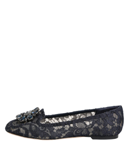 Blue Taormina Lace Crystals Flats Shoes-Dolce & Gabbana-LabelTerrace.com