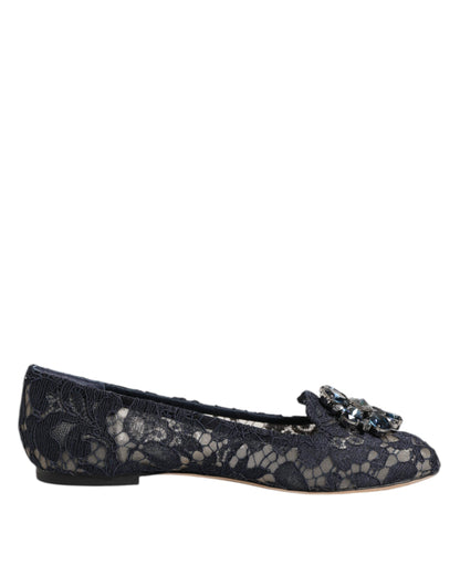 Blue Taormina Lace Crystals Flats Shoes-Dolce & Gabbana-LabelTerrace.com
