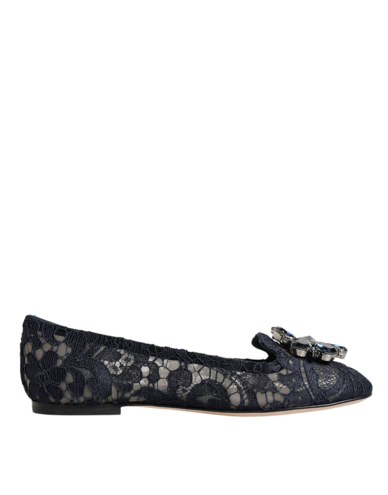 Blue Taormina Lace Crystals Flats Shoes-Dolce & Gabbana-LabelTerrace.com