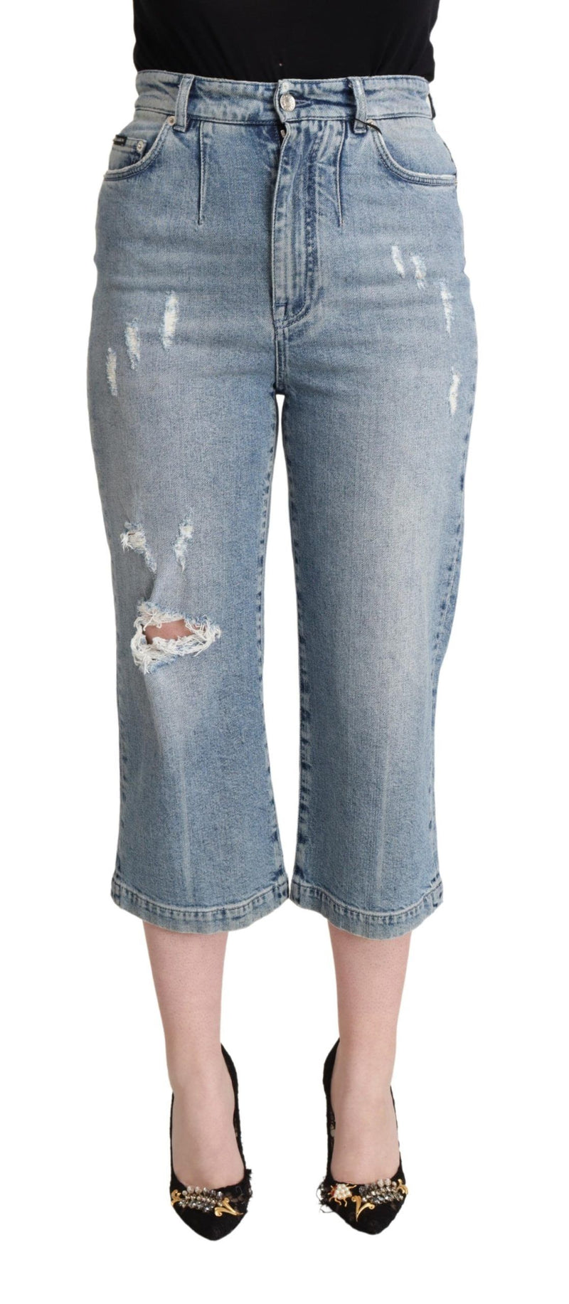 Blue Tattered Cotton Denim Capri Cropped Jeans-Dolce & Gabbana-LabelTerrace.com