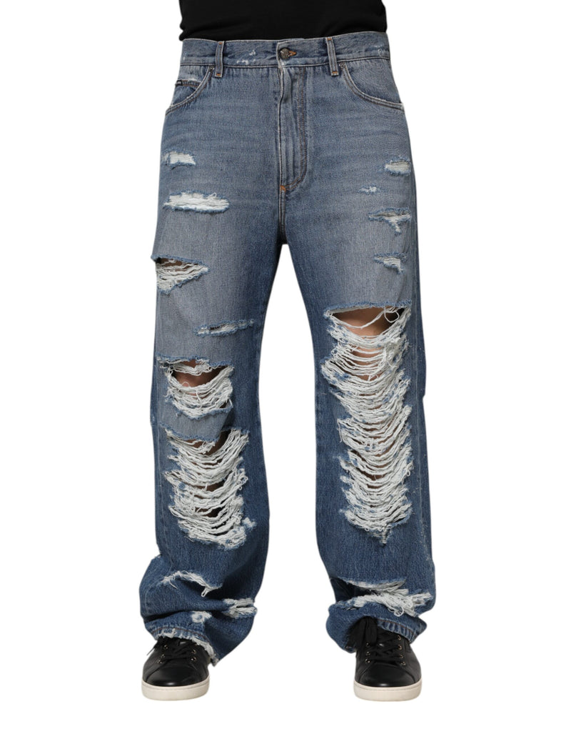 Blue Tattered Cotton Logo Plaque Denim Jeans-Dolce & Gabbana-LabelTerrace.com