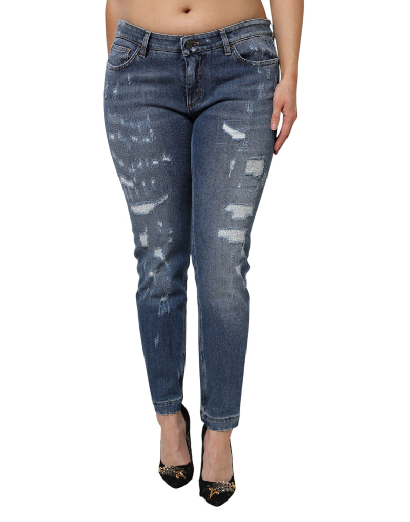 Blue Tattered Cotton Low Waist Denim Jeans-Dolce & Gabbana-LabelTerrace.com