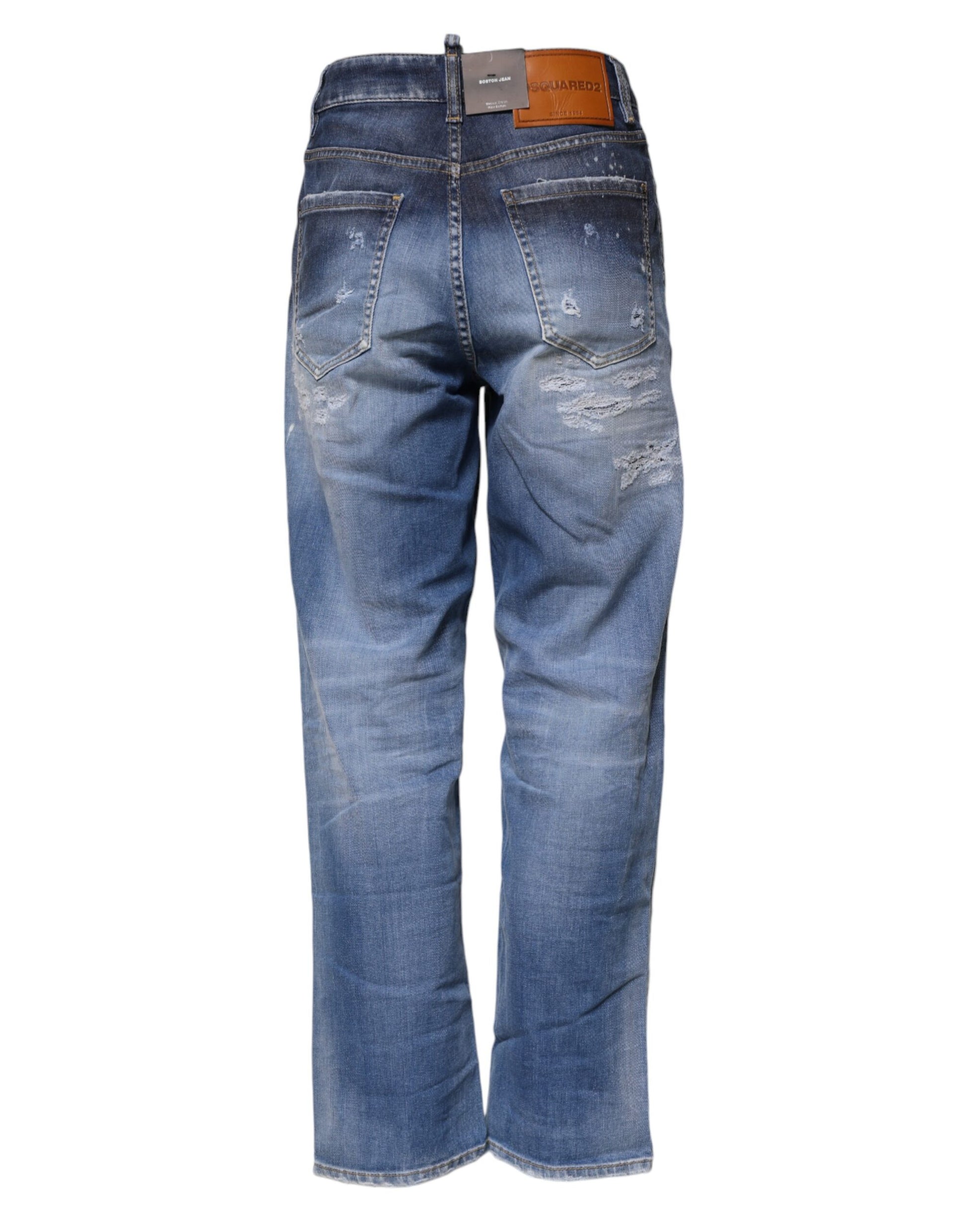 Blue Tattered Cotton Mid Waist Straight Denim Jeans-Dsquared²-LabelTerrace.com