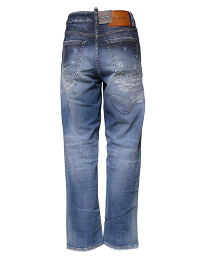 Blue Tattered Cotton Mid Waist Straight Denim Jeans-Dsquared²-LabelTerrace.com