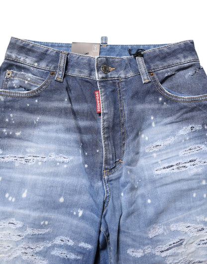 Blue Tattered Cotton Mid Waist Straight Denim Jeans-Dsquared²-LabelTerrace.com