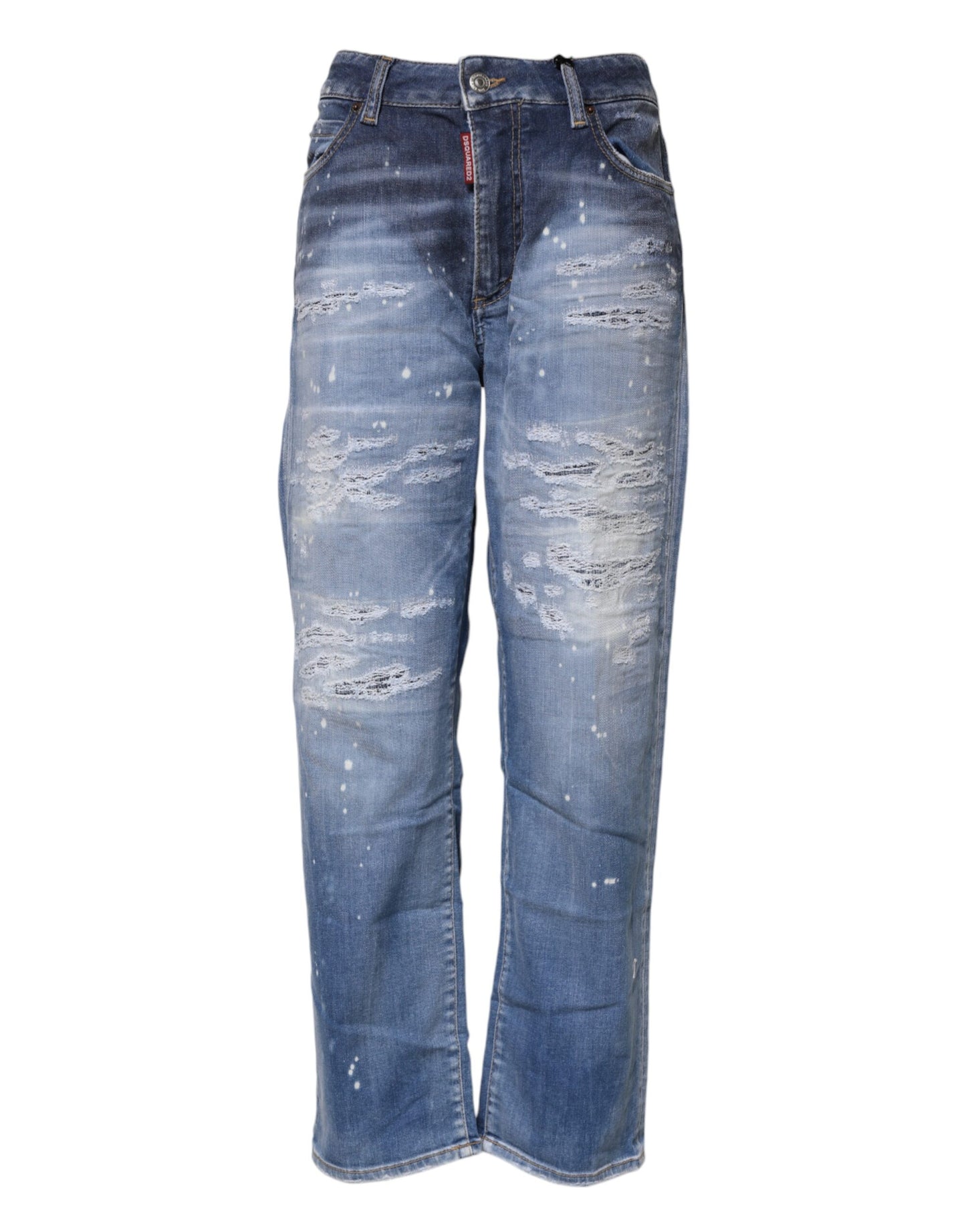 Blue Tattered Cotton Mid Waist Straight Denim Jeans-Dsquared²-LabelTerrace.com