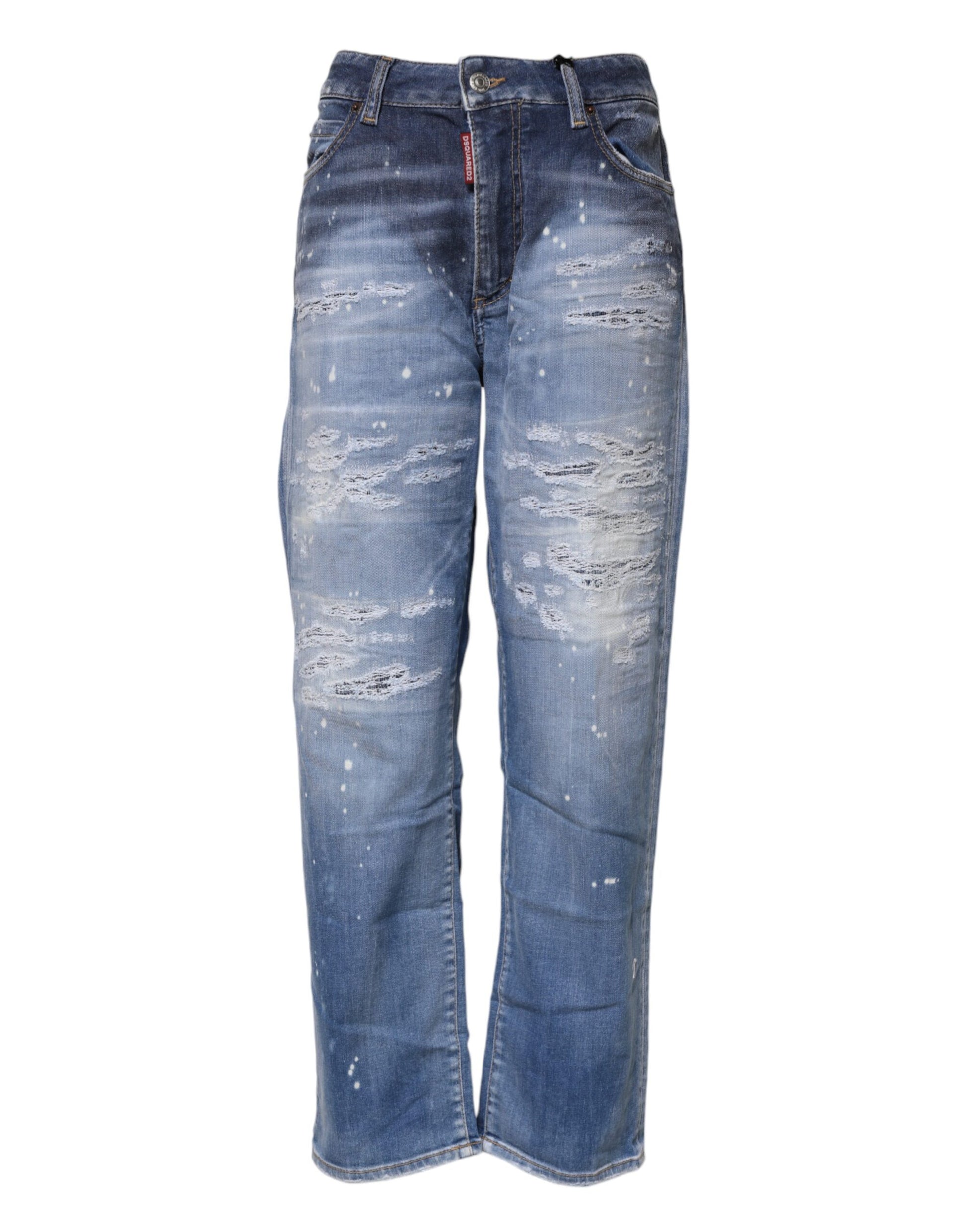 Blue Tattered Cotton Mid Waist Straight Denim Jeans-Dsquared²-LabelTerrace.com