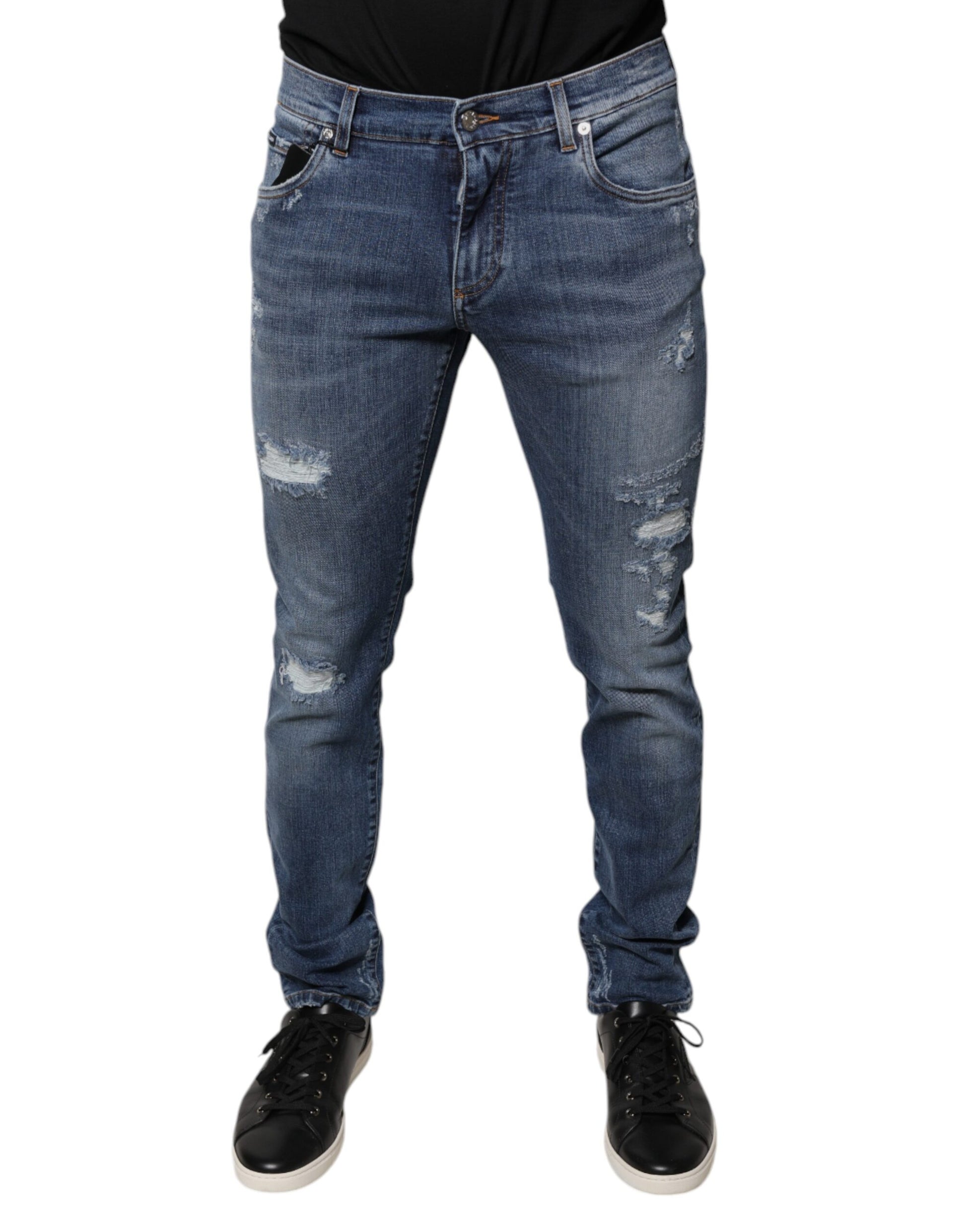 Blue Tattered Cotton Stretch Skinny Denim Jeans-Dolce & Gabbana-LabelTerrace.com