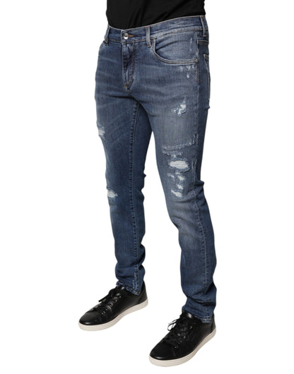 Blue Tattered Cotton Stretch Skinny Denim Jeans-Dolce & Gabbana-LabelTerrace.com