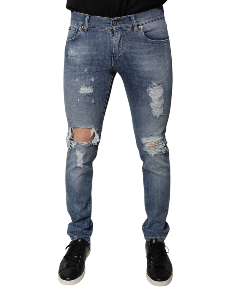 Blue Tattered Cotton Stretch Skinny Denim Jeans-Dolce & Gabbana-LabelTerrace.com