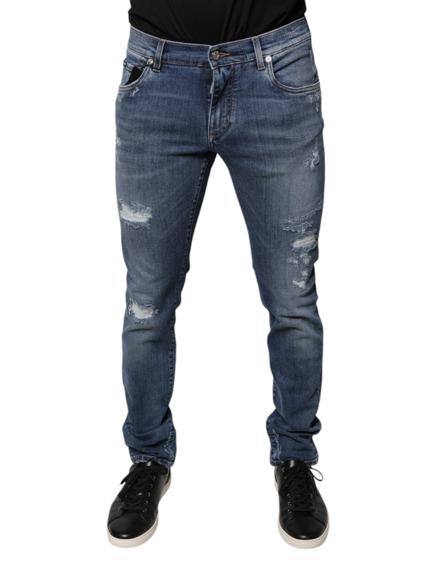 Blue Tattered Cotton Stretch Skinny Denim Jeans-Dolce & Gabbana-LabelTerrace.com