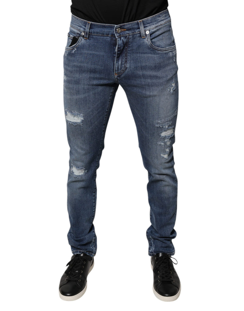 Blue Tattered Cotton Stretch Skinny Denim Jeans-Dolce & Gabbana-LabelTerrace.com