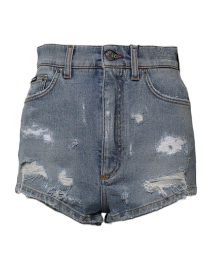 Blue Tattered Denim Cotton Hot Pants Shorts-Dolce & Gabbana-LabelTerrace.com