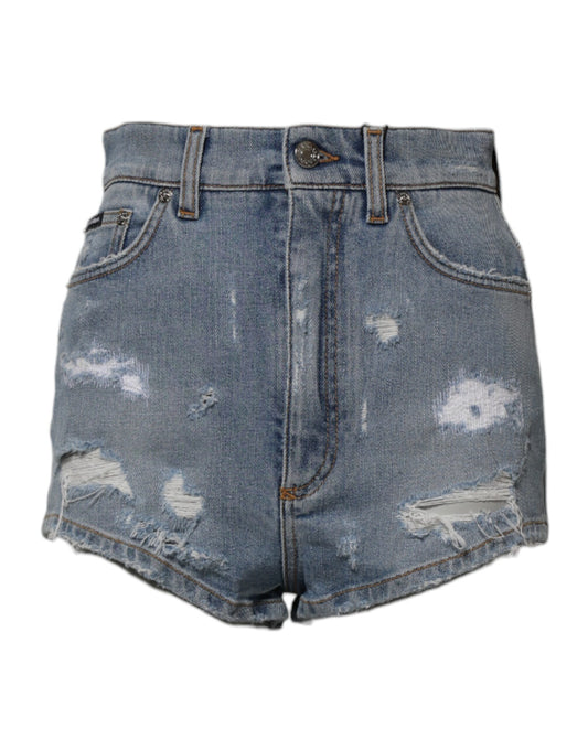 Blue Tattered Denim Cotton Hot Pants Shorts-Dolce & Gabbana-LabelTerrace.com