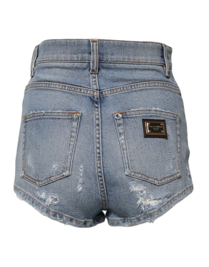 Blue Tattered Denim Cotton Hot Pants Shorts-Dolce & Gabbana-LabelTerrace.com