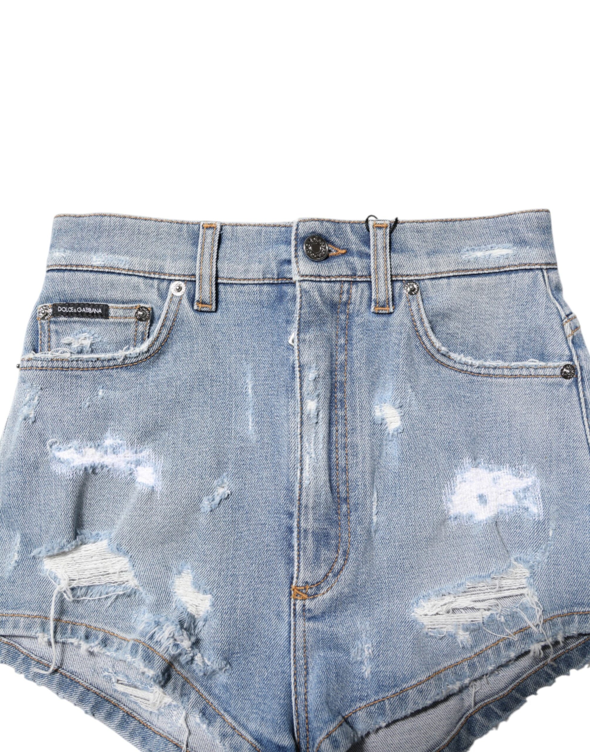 Blue Tattered Denim Cotton Hot Pants Shorts-Dolce & Gabbana-LabelTerrace.com