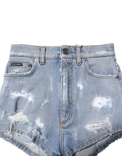 Blue Tattered Denim Cotton Hot Pants Shorts-Dolce & Gabbana-LabelTerrace.com