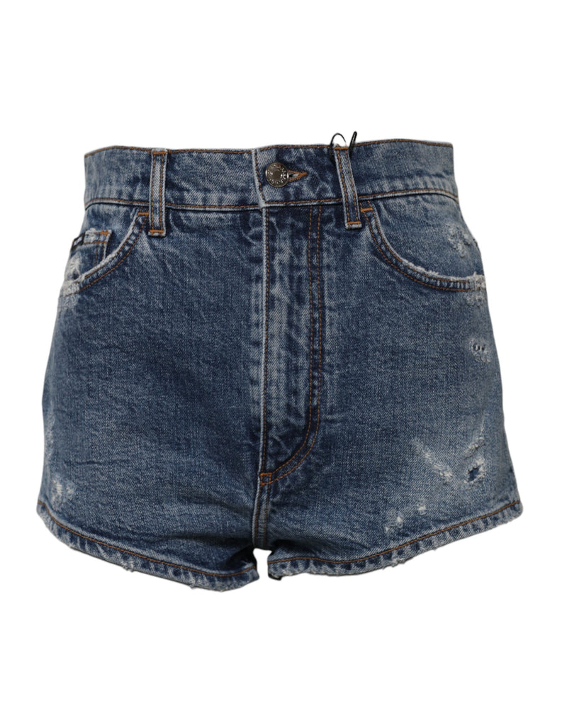 Blue Tattered Denim Cotton Hot Pants Shorts-Dolce & Gabbana-LabelTerrace.com
