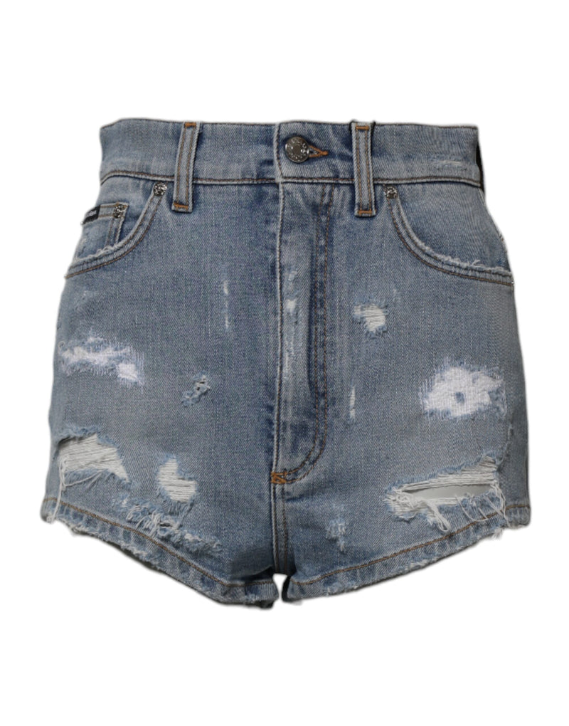Blue Tattered Denim Cotton Hot Pants Shorts-Dolce & Gabbana-LabelTerrace.com