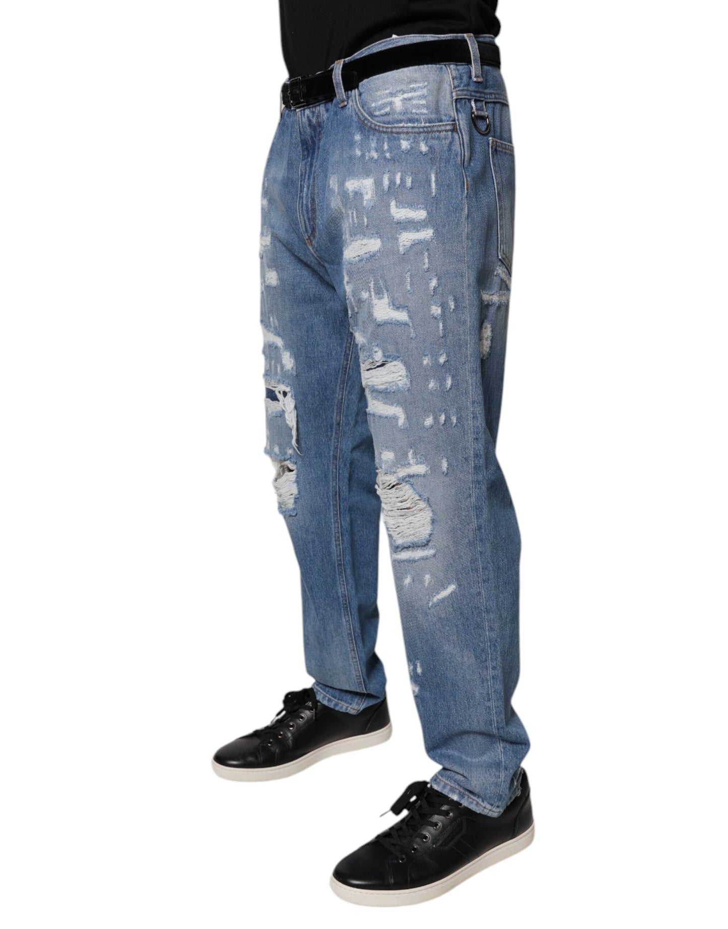 Blue Tattered Straight Cotton Denim Jeans-Dolce & Gabbana-LabelTerrace.com