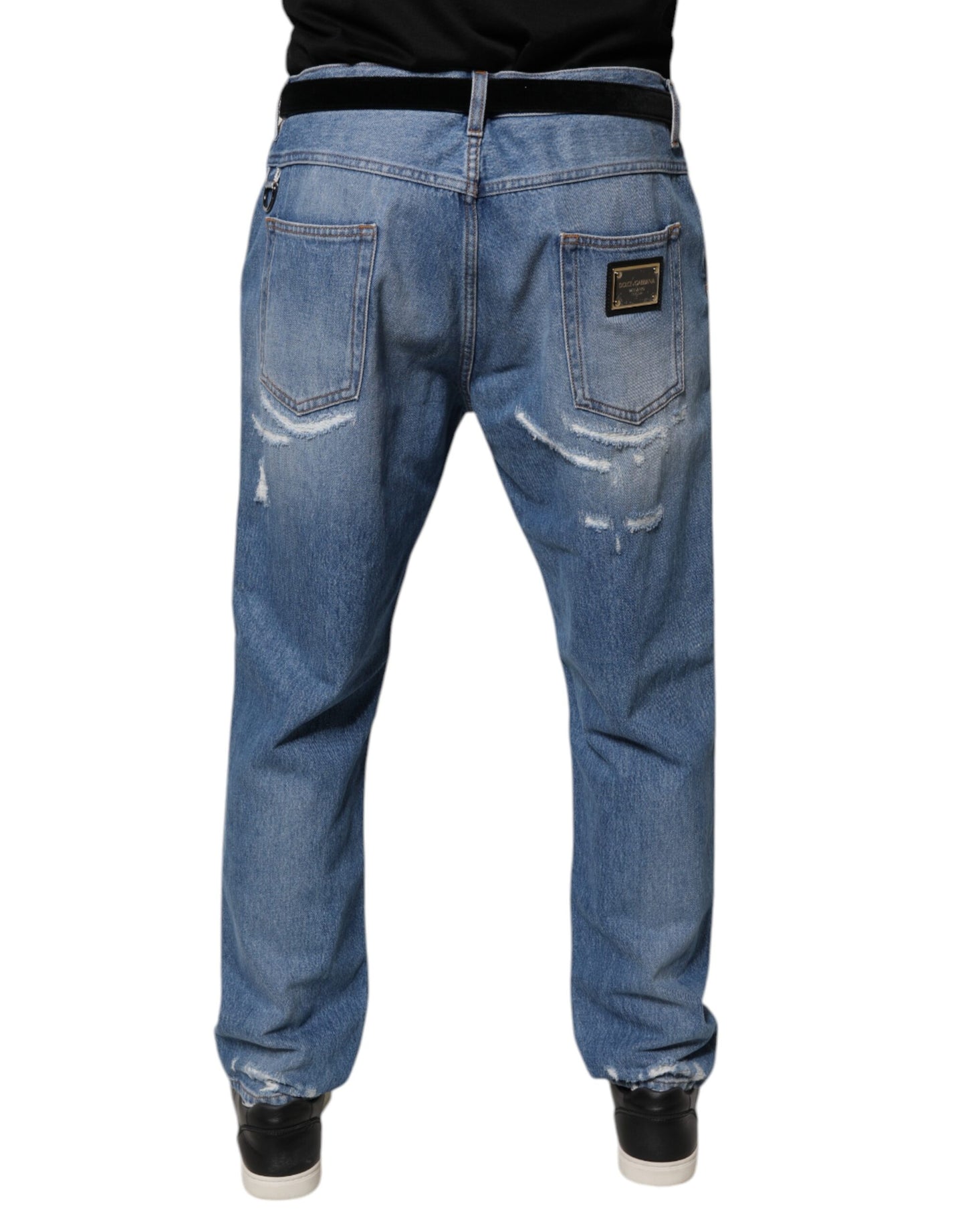 Blue Tattered Straight Cotton Denim Jeans-Dolce & Gabbana-LabelTerrace.com