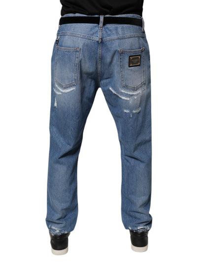 Blue Tattered Straight Cotton Denim Jeans-Dolce & Gabbana-LabelTerrace.com