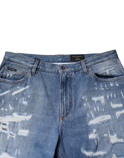 Blue Tattered Straight Cotton Denim Jeans-Dolce & Gabbana-LabelTerrace.com