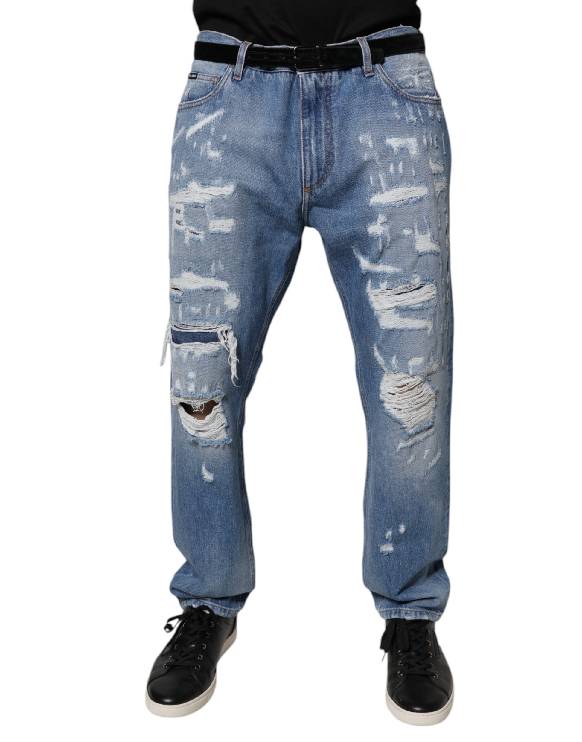 Blue Tattered Straight Cotton Denim Jeans-Dolce & Gabbana-LabelTerrace.com