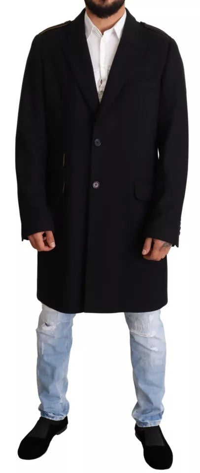 Blue Trench Coat Long Wool Stretch Jacket-Dolce & Gabbana-LabelTerrace.com