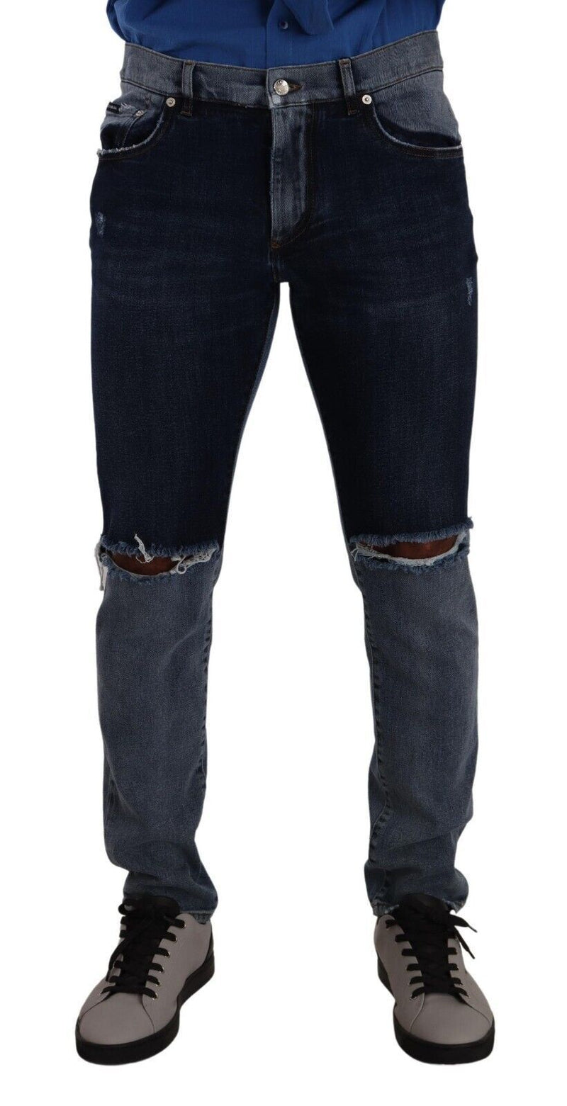 Blue Two Tone Tattered Cotton Slim Denim Jeans-Dolce & Gabbana-LabelTerrace.com